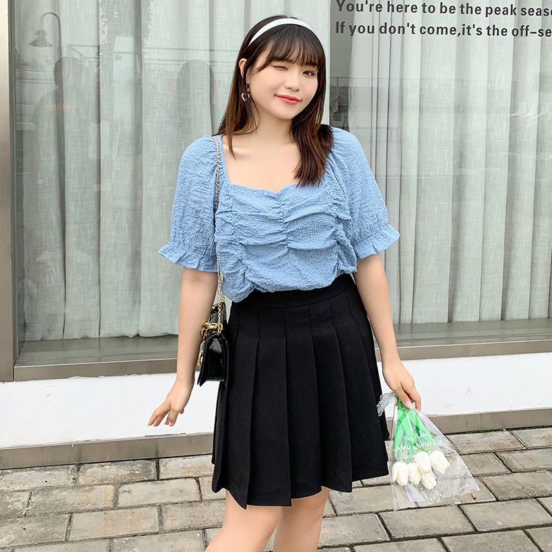 大码女装夏季方领上衣显瘦套装