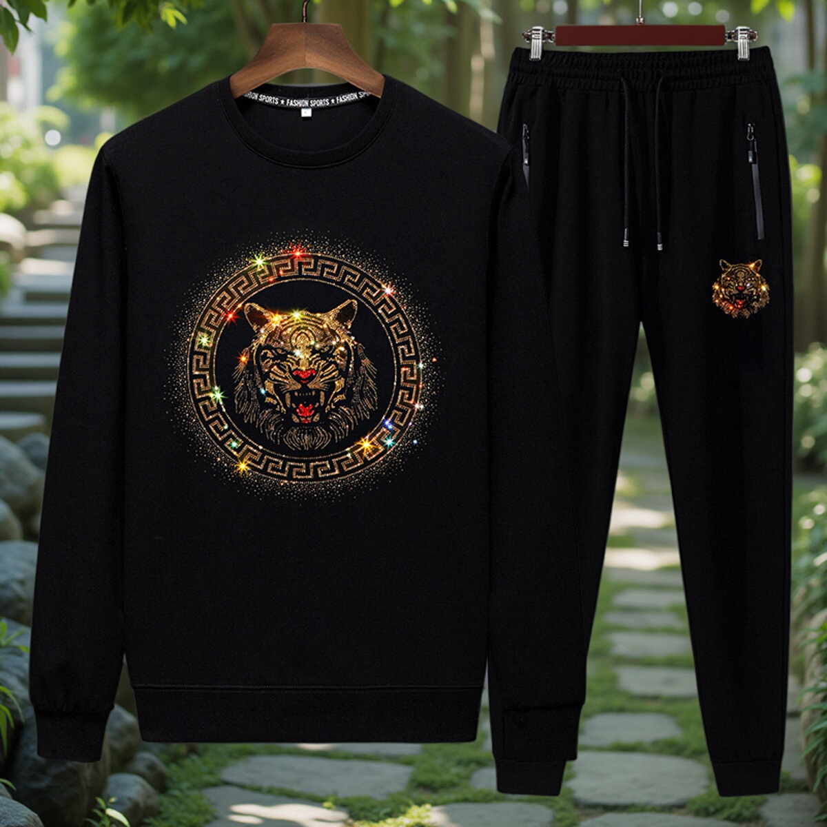 欧洲站潮牌烫钻老虎头卫衣套装男圆领爆款春秋潮牌休闲运动两件套