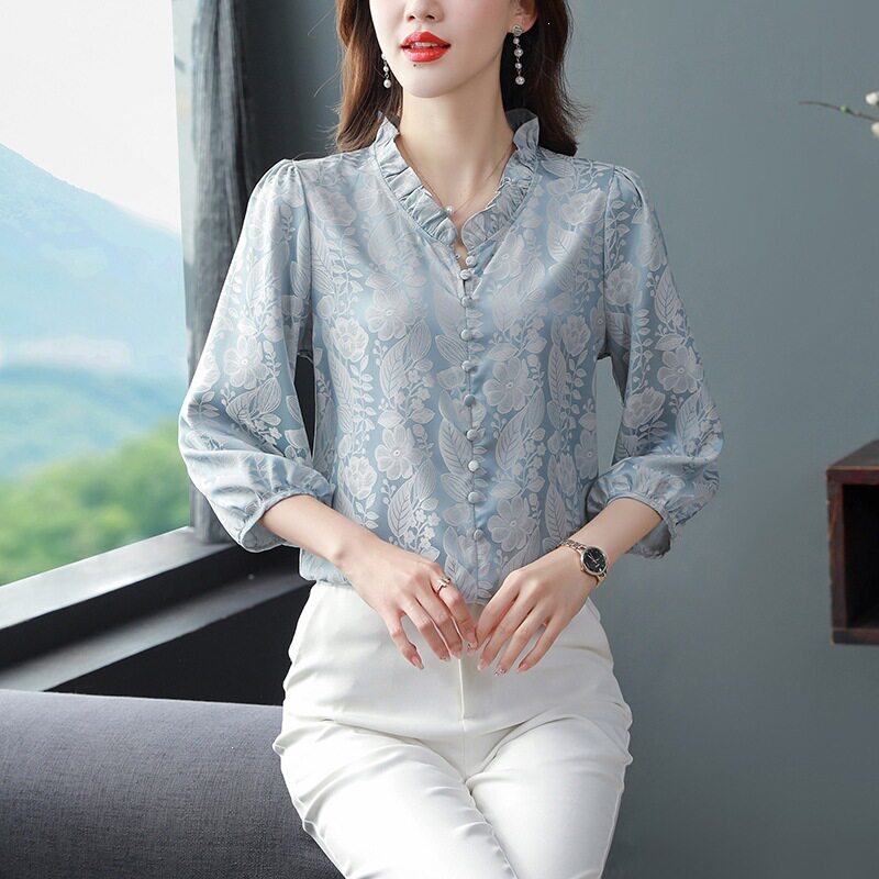 品牌春夏季新品真丝衬衫女中年七分袖桑蚕丝衬衣蕾丝花边套头上衣