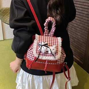 小背包女生出游帆布包可爱韩系小书包 红色格子双肩包女士2025新款