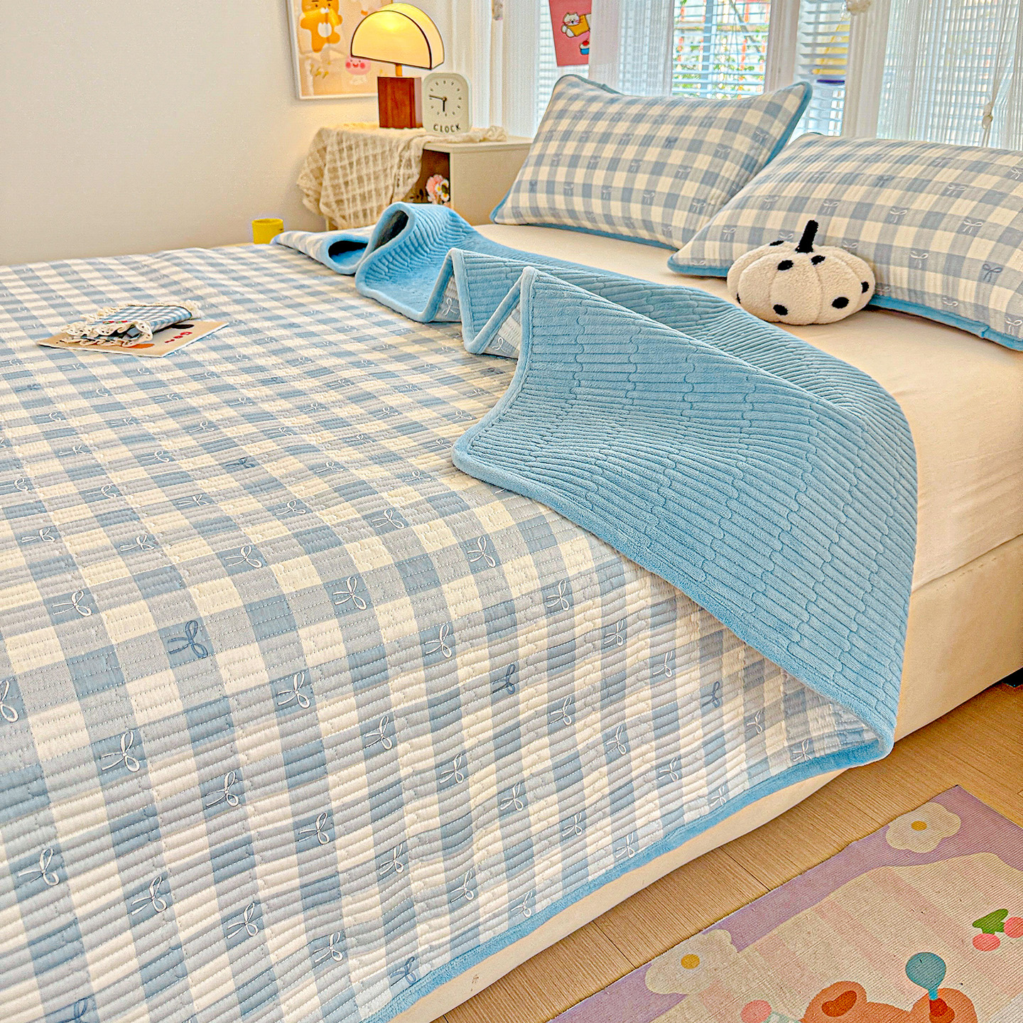 母婴级双面牛奶绒床盖三件套