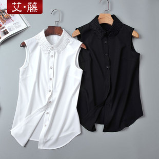 打底衫 白色衬衣修身 水溶花边装 饰领无袖 女 艾藤春夏雪纺衫 衬衫 新款