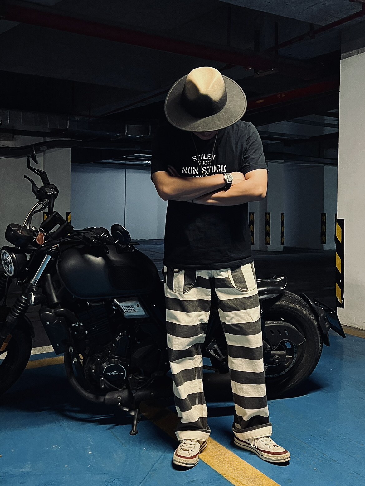 non stock阿美咔叽囚纹长裤 美式复古黑白条摩托机车休闲工装裤男