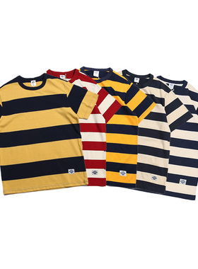 NON STOCK新款日系复古阿美咔叽重磅囚纹短袖T恤男女修身条纹体恤