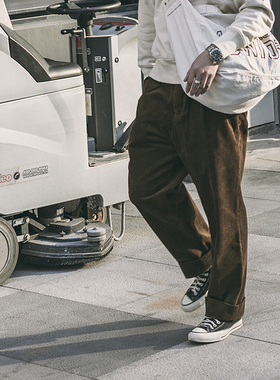 NON STOCK秋冬 日系复古户外加厚保暖灯芯绒复古宽松两褶工装裤男