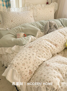 A类花边床上四件套纯棉全棉加厚双层纱床单新款单被套宿舍三件套4
