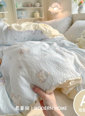 A类双层纱床上四件套纯棉全棉新款卡通床单件被套被罩宿舍三件套4