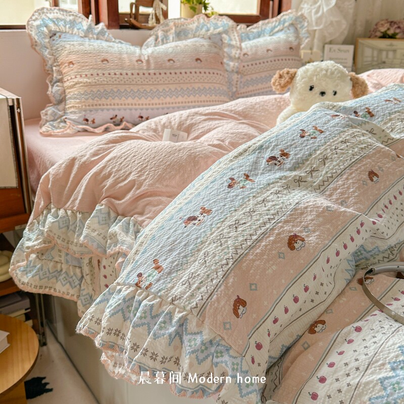 床上用品四件套全棉纯棉泡芙棉贝壳花边款床单被套学生宿舍三件套
