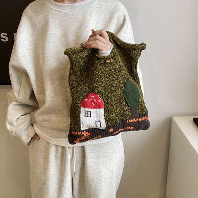 森林里的蘑菇屋毛线编织复古可爱手提包化妆包