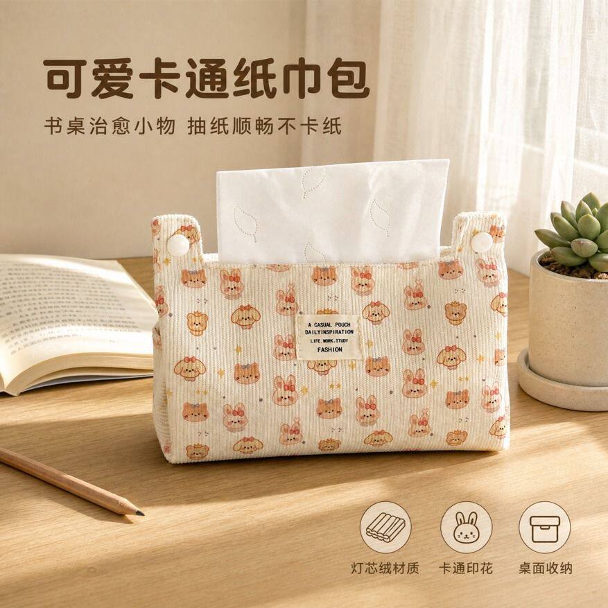 治愈卡通小动物高颜值纸巾盒布艺按扣抽纸袋车载家居两用纸巾套