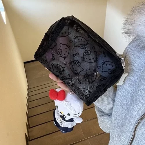 可爱kitty网纱补妆包小众便携外出数据线杂物收纳包便携小手拿包
