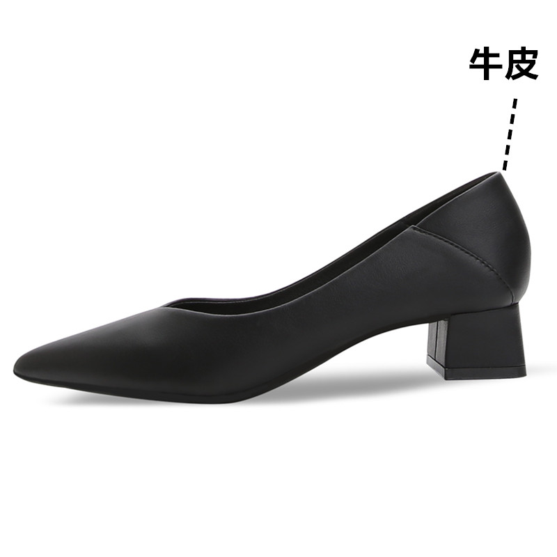 牛皮粗跟尖头矮跟黑色软皮高跟鞋