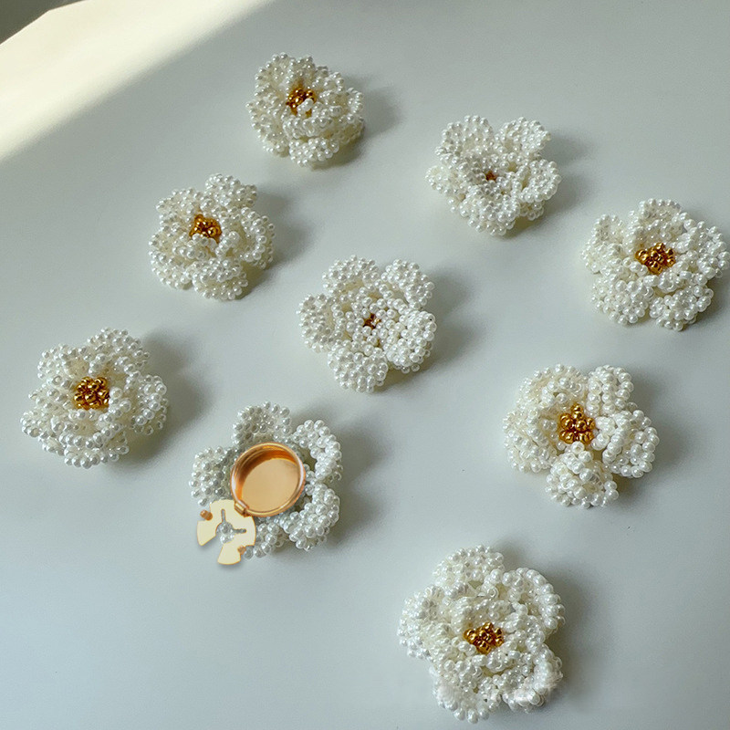 奶油花白色玫瑰花朵手工串珠乌龟扣纽扣盖衬衫针织开衫外套袖扣盖