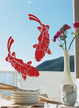 新年喜庆红色鲤鱼墙贴 厨房防水磁砖玻璃贴餐厅酒店橱窗装饰贴纸