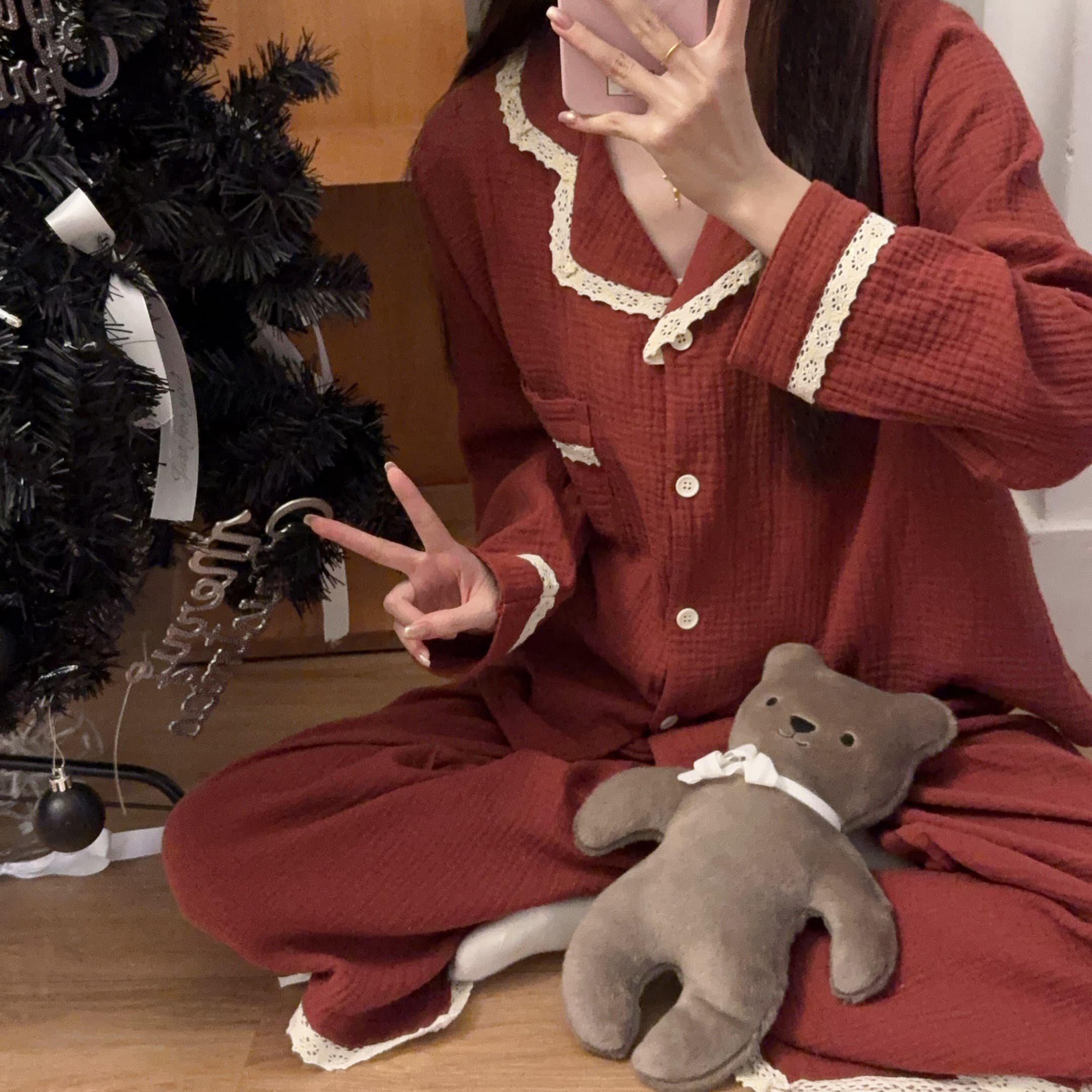 韩国红色花边睡衣女长袖纯棉纱布春秋季棉麻本命年甜美家居服套装