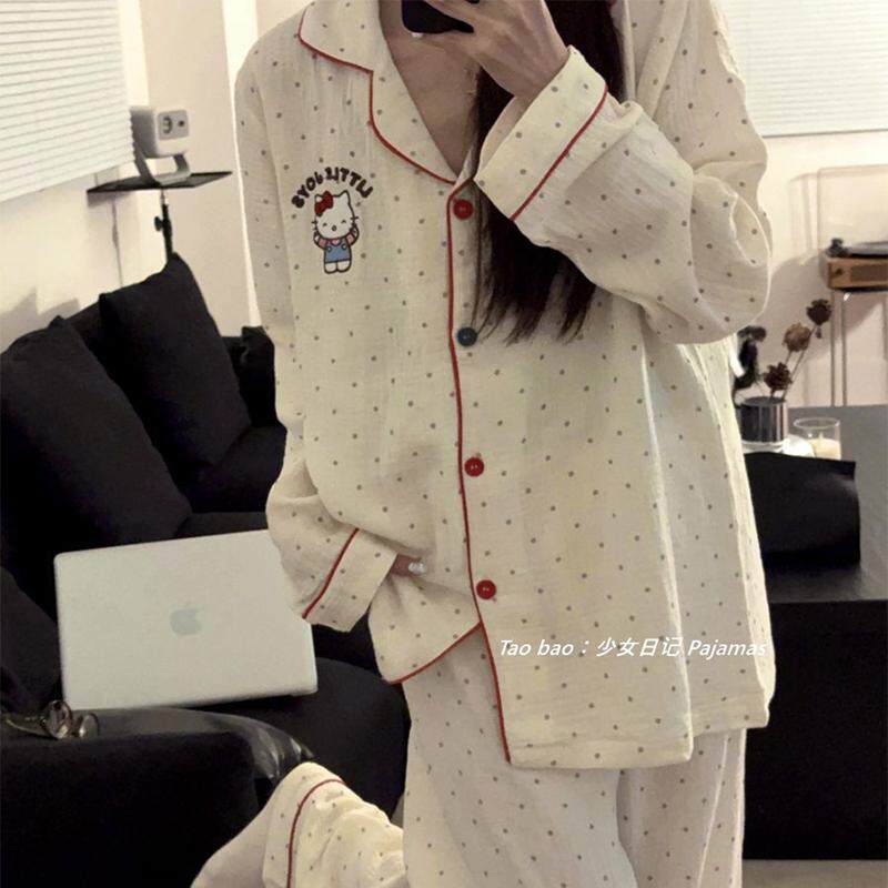 hellokitty睡衣女士春秋新款婴儿棉纱布波点猫薄款长袖长裤家居服