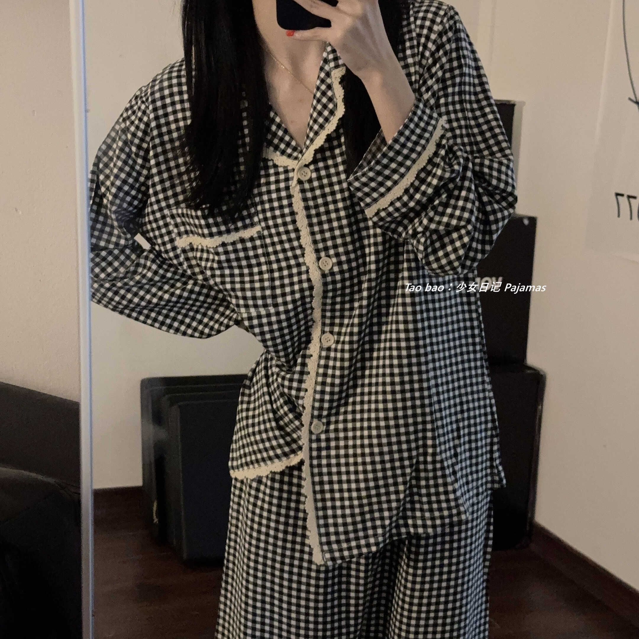 黑色韩系格子睡衣女春秋季ins长袖长裤甜美学生家居服套装可外穿