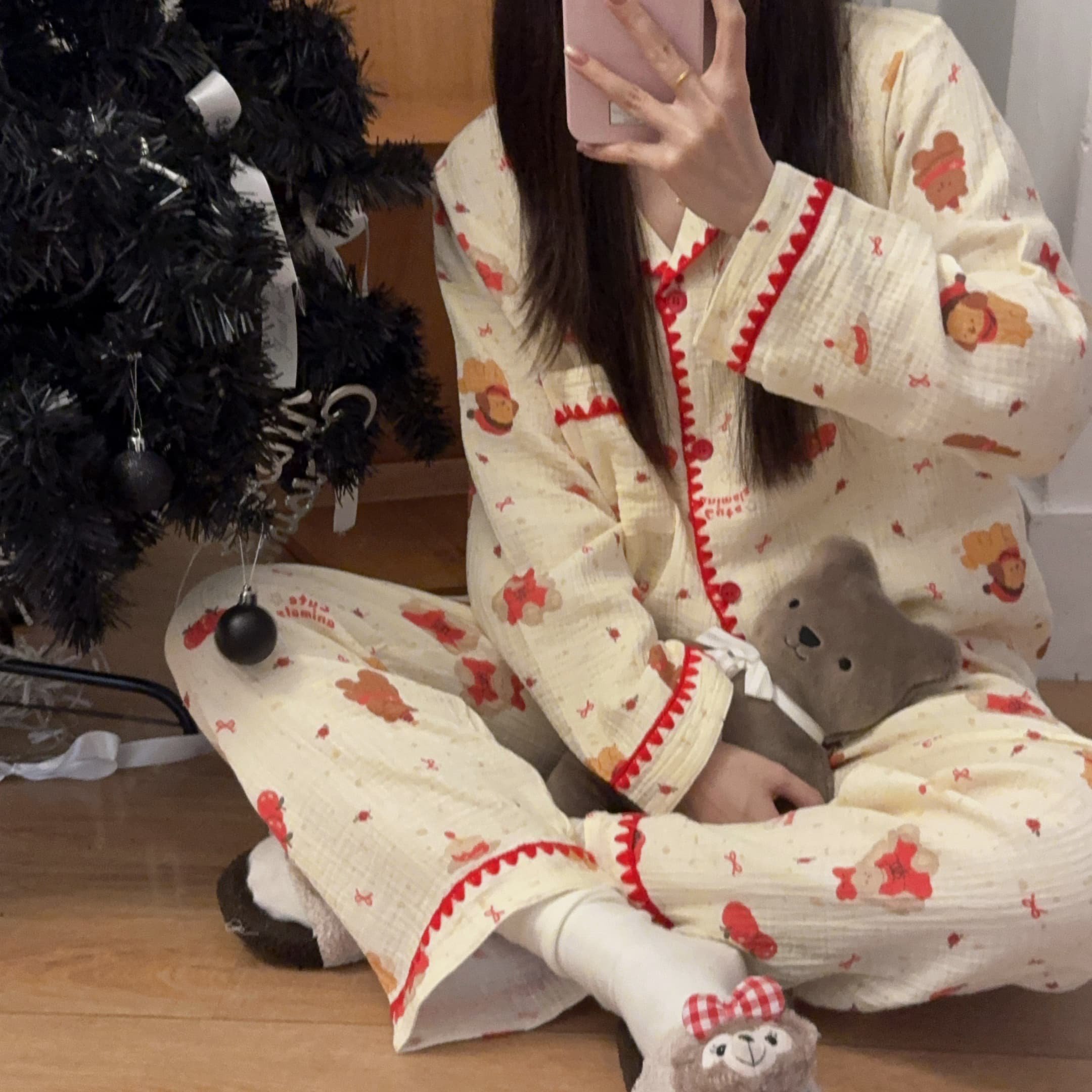 日系苹果小熊睡衣女春秋款纯棉长袖卡通婴儿棉纱家居服套装可外穿