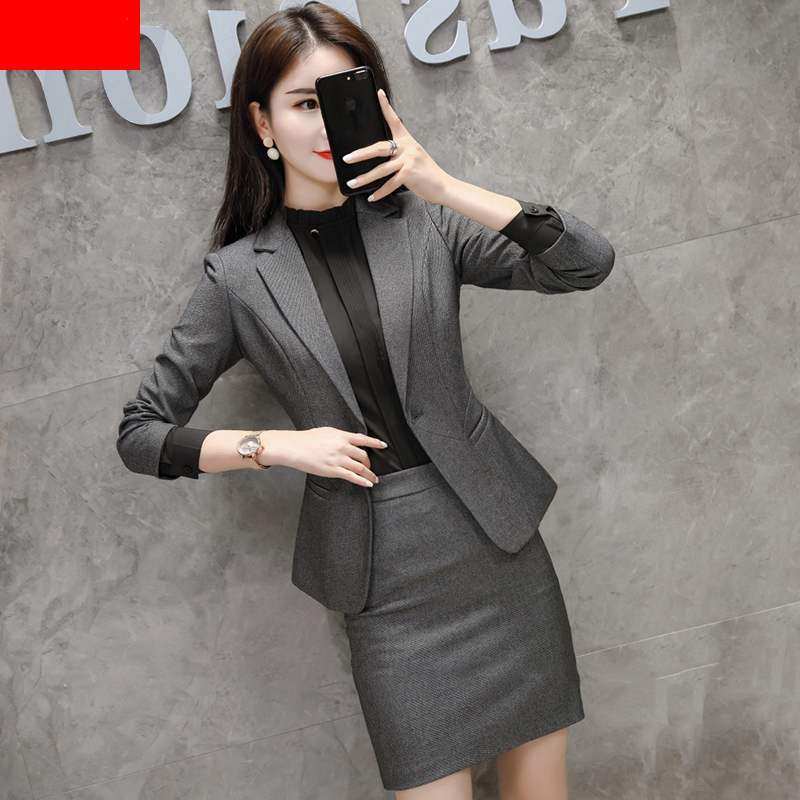 灰色西装套装女气质美容师工作服秋冬职业装时尚高端西服套裙工装