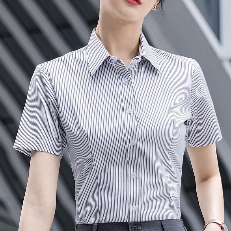黑白条纹衬衫夏季短袖工装定制绣logo男女商务正装银行职业工作服
