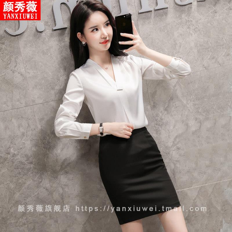 V领衬衫女设计感小众秋季上衣洋气时尚缎面气质套头雪纺衬衣套裙