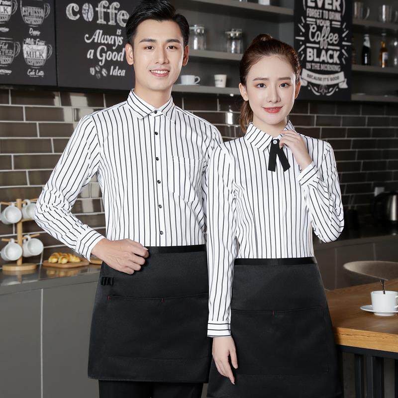 职业衬衫女工作服奶茶饭店火锅店餐饮服务员男女同款工装条纹衬衣