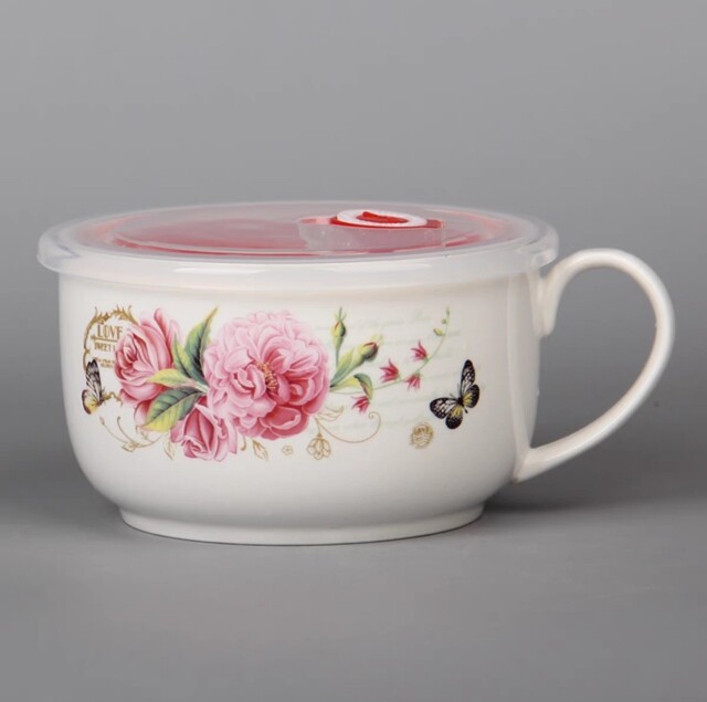 6英寸陶瓷汤面碗饭盒保鲜碗带盖带把密封泡面杯麦片便当早餐杯