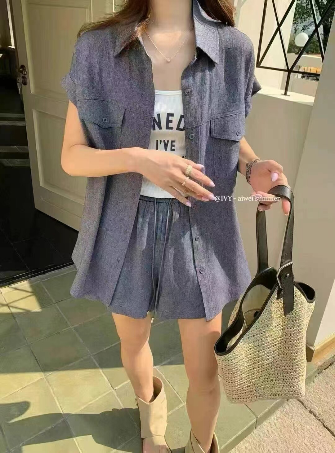 2025夏季新款时尚高级套装女翻领短袖外套+背心+短裤气质三件套女