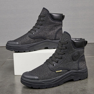 英伦风马丁靴男冬季高帮黑色系带耐磨工装靴加绒保暖大棉鞋帆布鞋