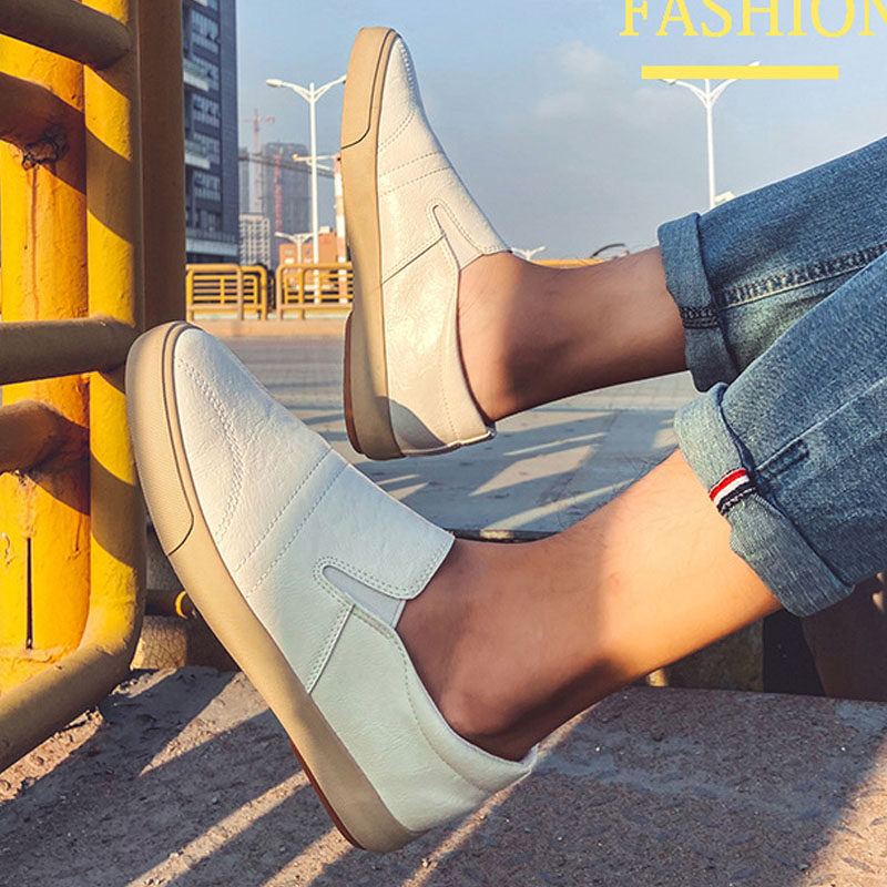 硬汉小白鞋男士一脚蹬休闲皮鞋套脚男低帮懒人鞋夏季驾车鞋学生鞋