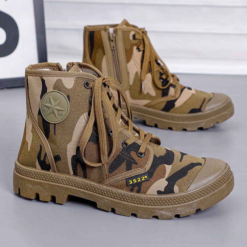 3522高帮迷彩帆布鞋男侧拉链耐磨防滑户外劳保鞋工装鞋运动休闲鞋