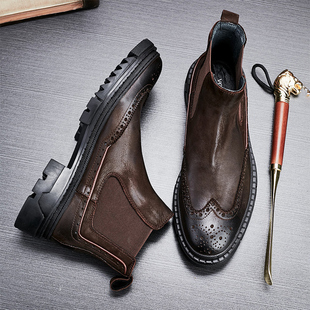 切尔西靴真皮短靴马丁靴布洛克雕花加绒皮靴厚底英伦复古男鞋 男靴