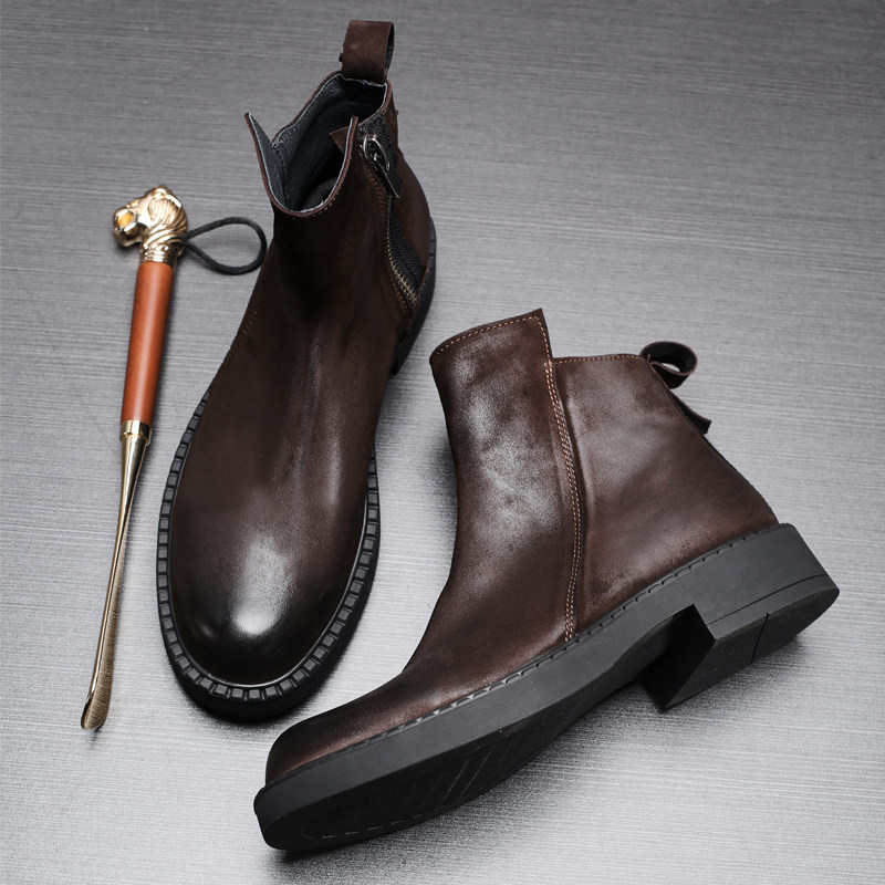 高帮靴子男复古平底拉链马丁靴休闲户外潮流切尔西靴圆头百搭皮靴