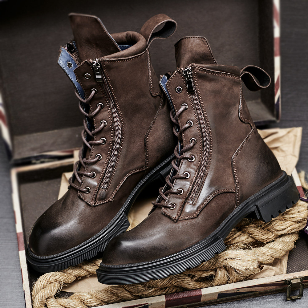 马丁靴男士保暖英伦中帮拉链牛皮靴切尔西短靴真皮增高休闲皮靴男