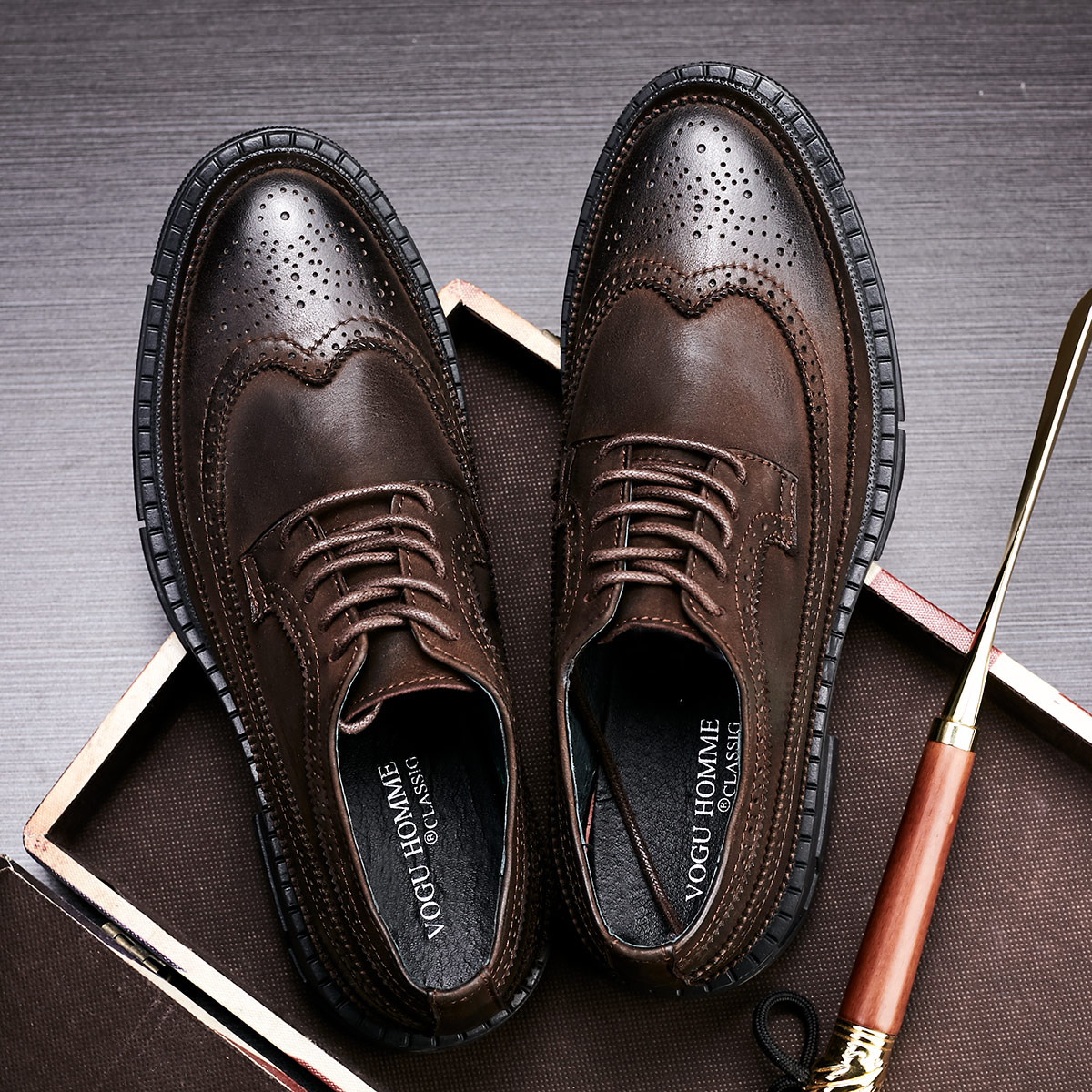 男鞋秋款英伦复古布洛克鞋男厚底增高系带商务休闲鞋时尚圆头皮鞋