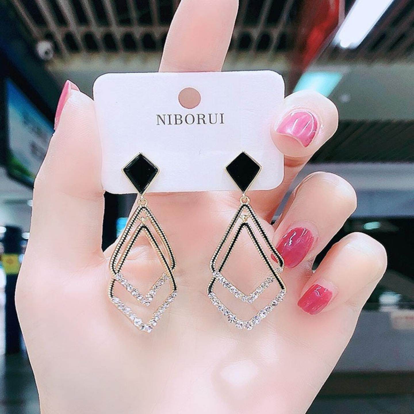 2026新款日韩气质银耳环925纯银针女黑色双菱形耳坠镶钻时尚大气,饰品/流行首饰/时尚饰品新,银饰耳饰,淘宝优惠券,粉丝福利购,淘宝优惠卷