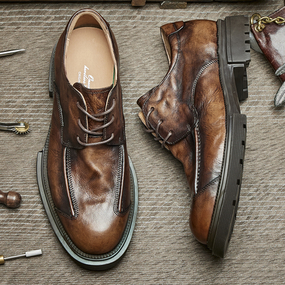 英伦风系带男士男款透气手抓牛皮圆头厚底百搭休闲男皮鞋E89