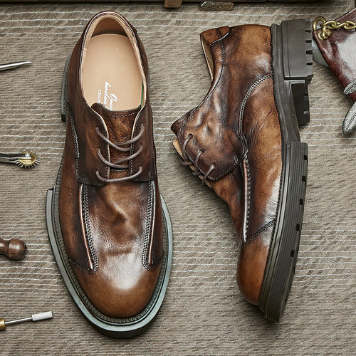 英伦风系带男士男款透气手抓牛皮圆头厚底百搭休闲男皮鞋E89