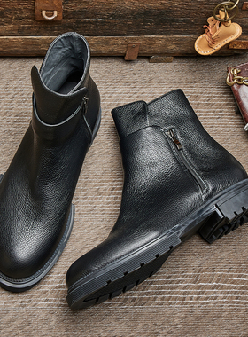 黑色切尔西靴皮靴男潮英伦厚底时装皮靴复古真皮高帮皮靴E123