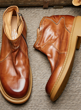 棕色水洗马皮秋冬复古百搭马丁靴真皮短靴厚底切尔西靴皮鞋男E233