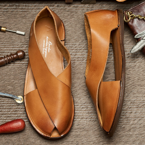 休闲男夏季罗马凉鞋真皮百搭舒适时尚软底休闲复古男士沙滩鞋E178