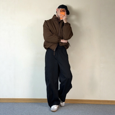 秋冬美式复古男阔腿抽绳工装裤