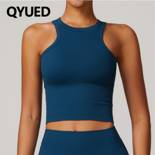 欧美无缝弹力工字美背瑜伽背心遮肚子运动上衣瑜伽服女紧身带胸垫