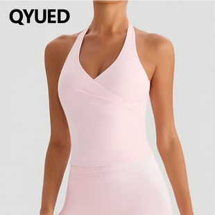 跨境v领挂脖吊带瑜伽服女聚拢带胸垫裸感显瘦美背外穿健身衣背心
