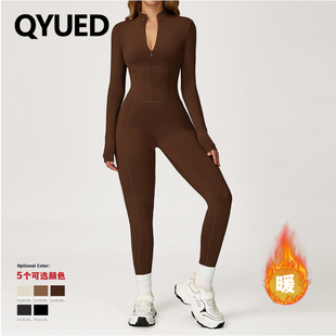 欧美连体衣瑜伽服女立领拉链保暖长袖一体衣户外运动健身弹力紧身