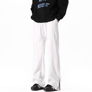 白灰色弯刀卫裤男款春夏美式侧边拉链微喇裤子直筒斜切休闲长裤潮