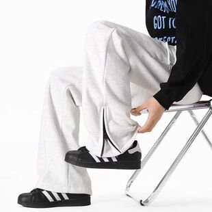 白灰色弯刀卫裤男款春夏美式侧边拉链微喇裤子直筒斜切休闲长裤潮