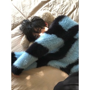 日系复古软糯仿貂毛撞色毛衣慵懒风秋冬季 上衣男 高级感条纹针织衫