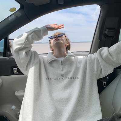 600G重磅加绒翻领卫衣男冬季宽松字母打底衫拉链立领情侣外套潮流