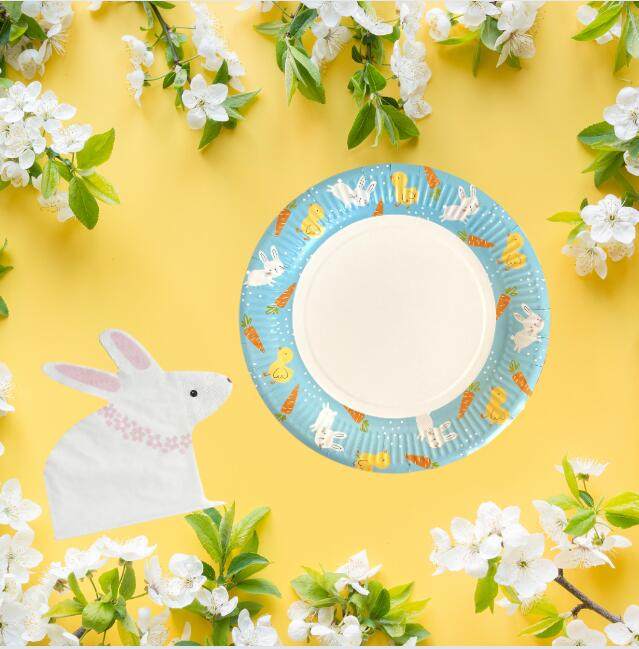 复活节Easter一次性餐具套装兔子纸盘纸杯纸巾串旗儿童生日派对